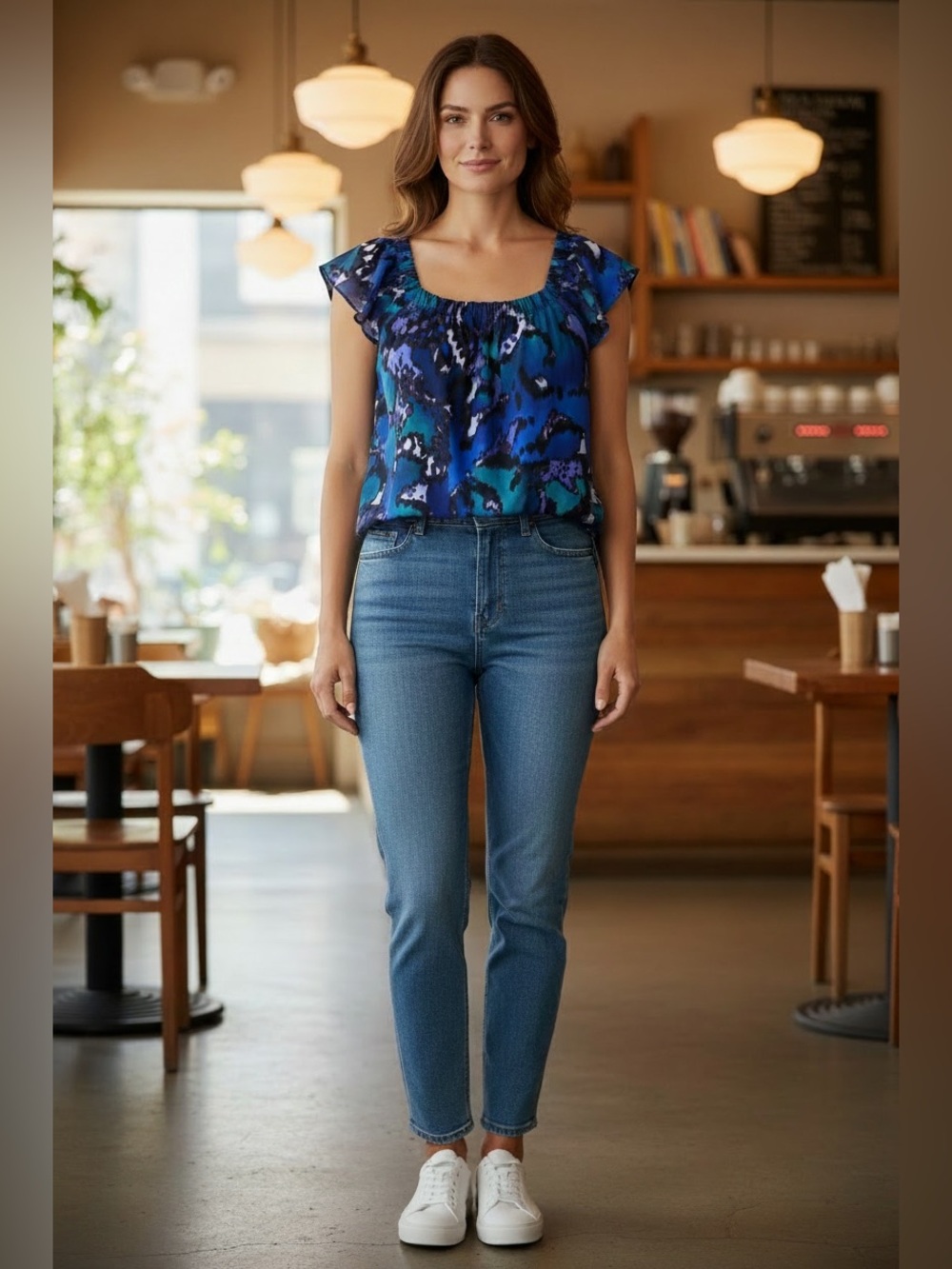 The Limited Blue Teal Abstract Cap-Sleeve Blouse